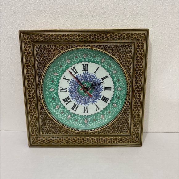 Persian Khatam Wall Clock Minakari Marquetry Handcrafted Intricate 13”x13”